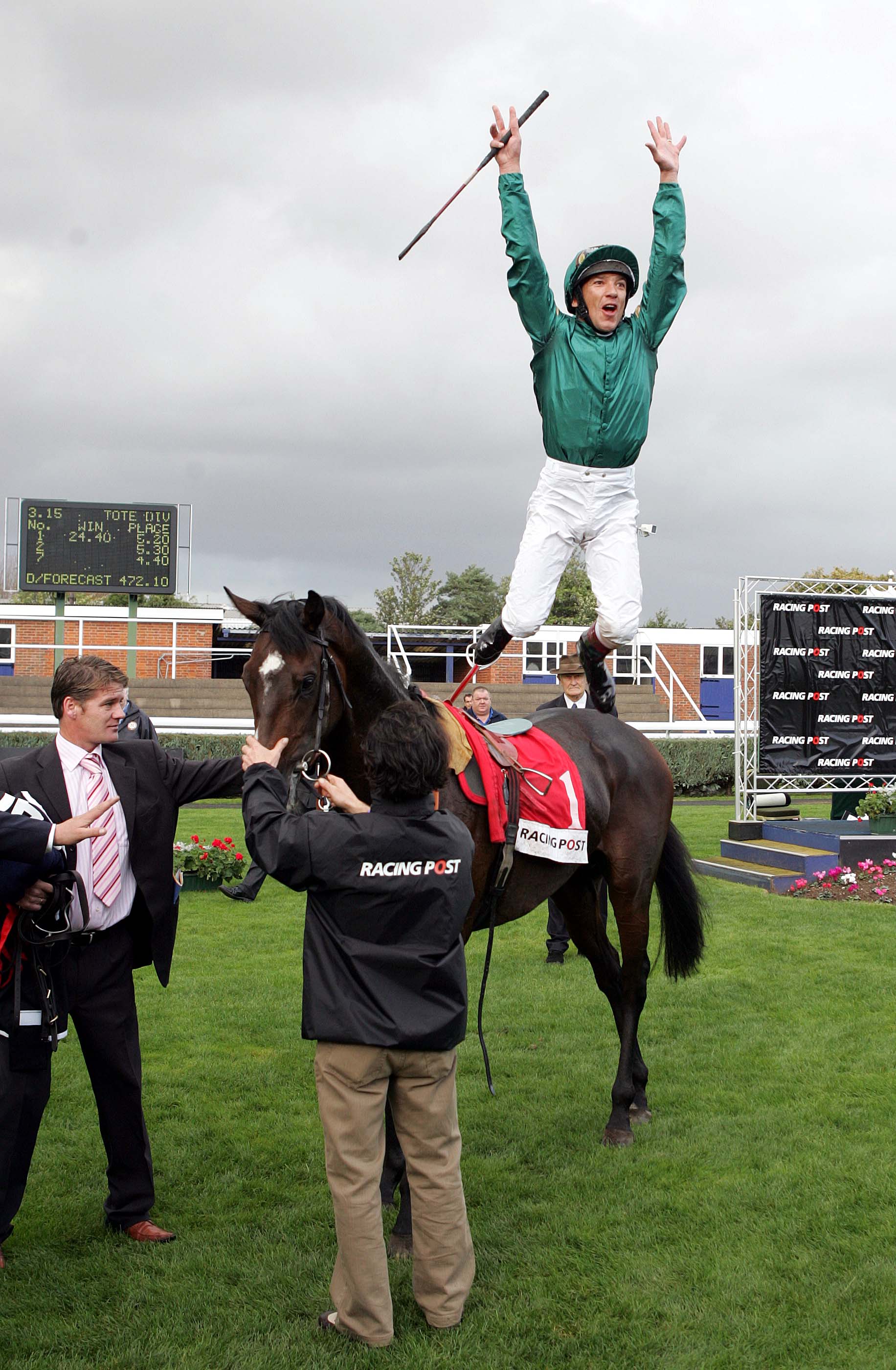 Flying dismount: Frankie Dettori performs his trademark leap out of the saddle after winning the G1 Racing Post Trophy on subsequent Derby winner Authorized at Newbury in 2006. Photo: Dan Abraham/focusonracing.com