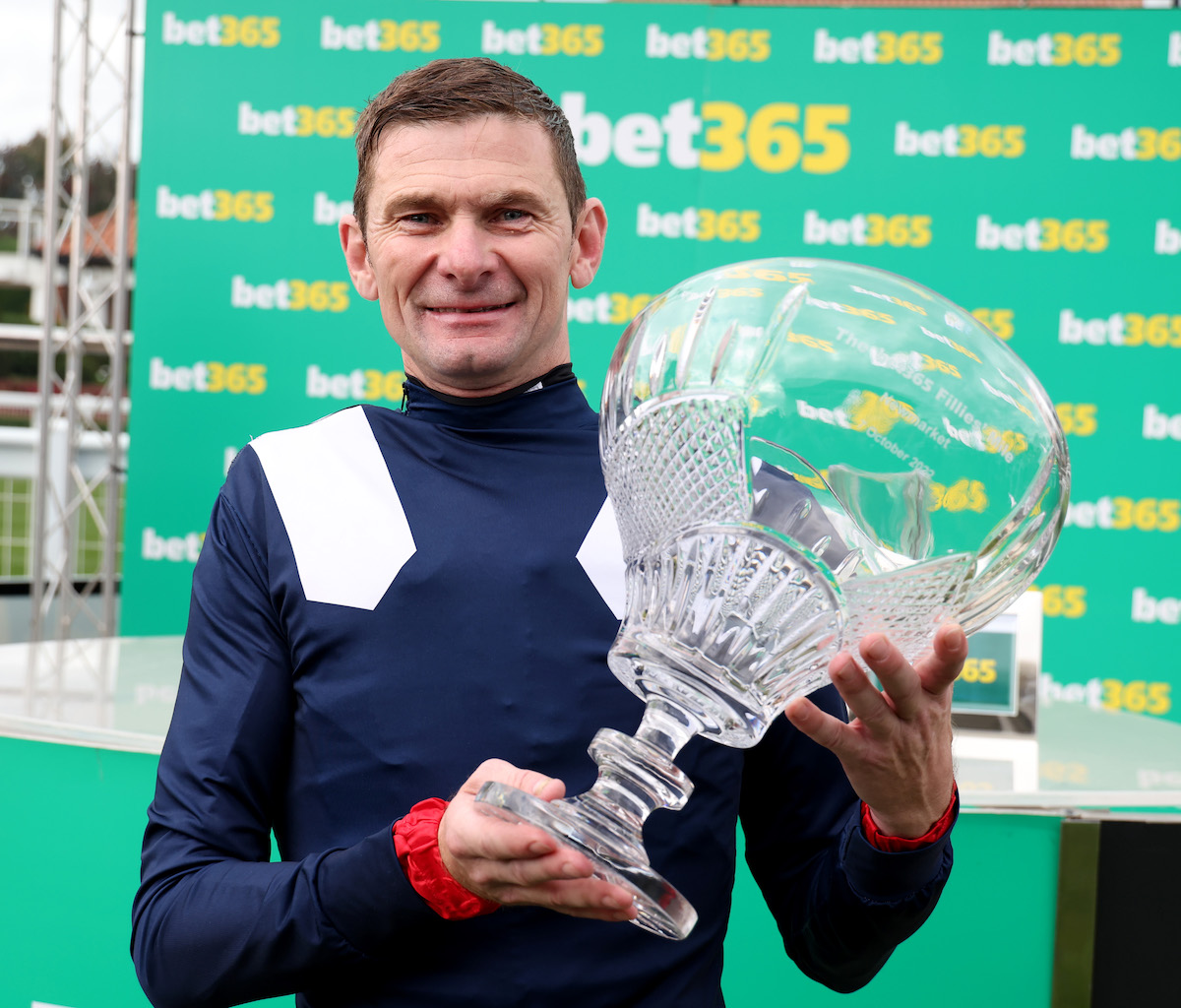 Crystal days: Robert Havlin with a nice piece of glass after his G1 breakthrough on the Rowley Mile. Photo: Dan Abraham / focusonracing.com