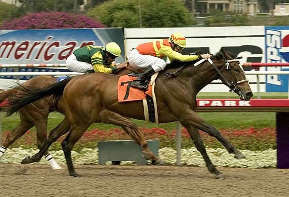 Nashoba's Key and Joe Talamo team for the first time to defeat the G1 filly Hystericalady in the Milady Handicap at Hollywood Park. Photo: Benoit