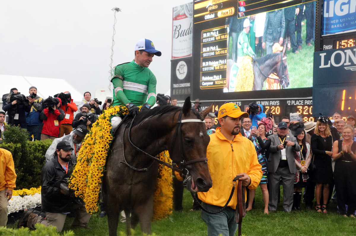 Classic triumph: Kent Desormeaux returns on Exaggerator, trained by brother Keith, after winning the Preakness Stakes in 2016. Photo: Maryland Jockey Club