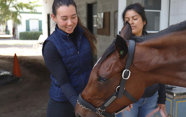 Assistant trainer: TVG analyst Andie Biancone with recent stable star Sole Volante. Photo: Gwen Davis/Davis Innovation