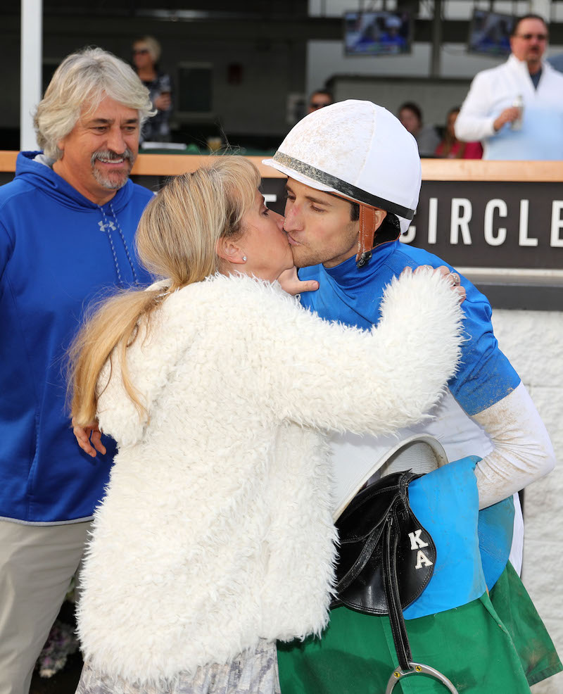Proud mom: Julie Asmussen congratulates her son Keith after his first win at Churchill Downs in November 2022. Photo: Churchill Downs media