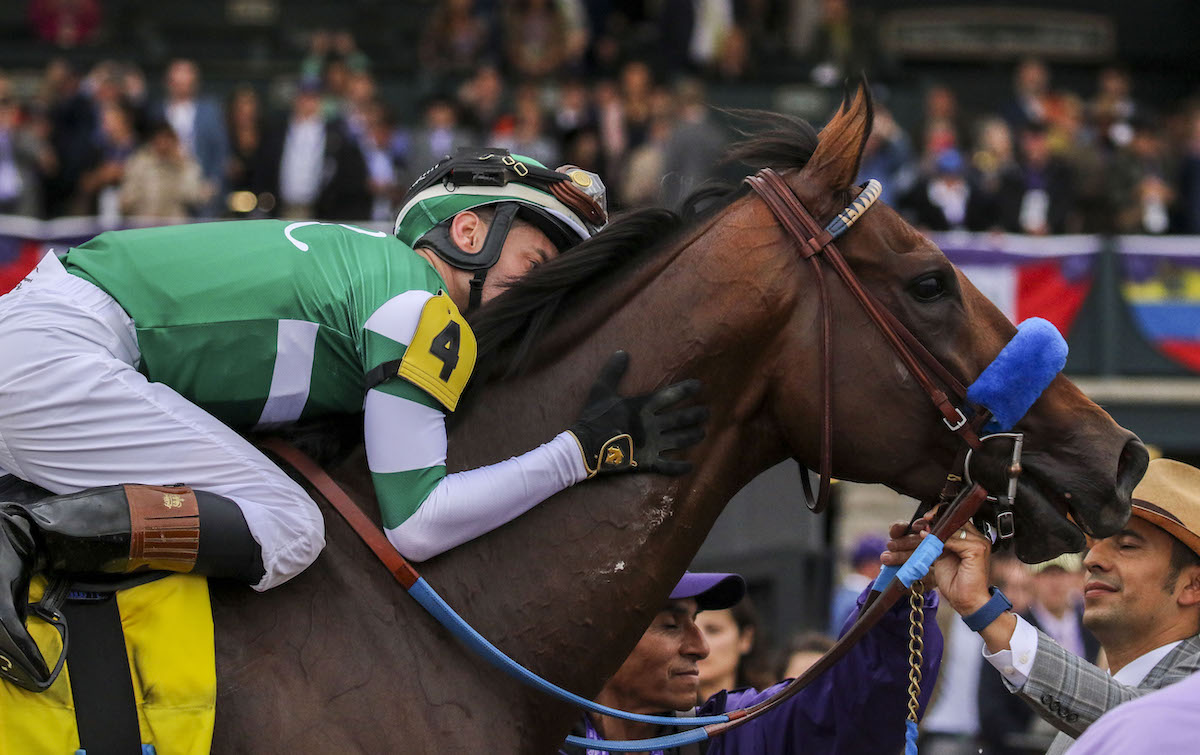 Job done: Flightline gets a kiss from Flavien Prat after his sixth and final success. Photo: Candice Chavez / Eclipse Sportswire / Breeders’ Cup