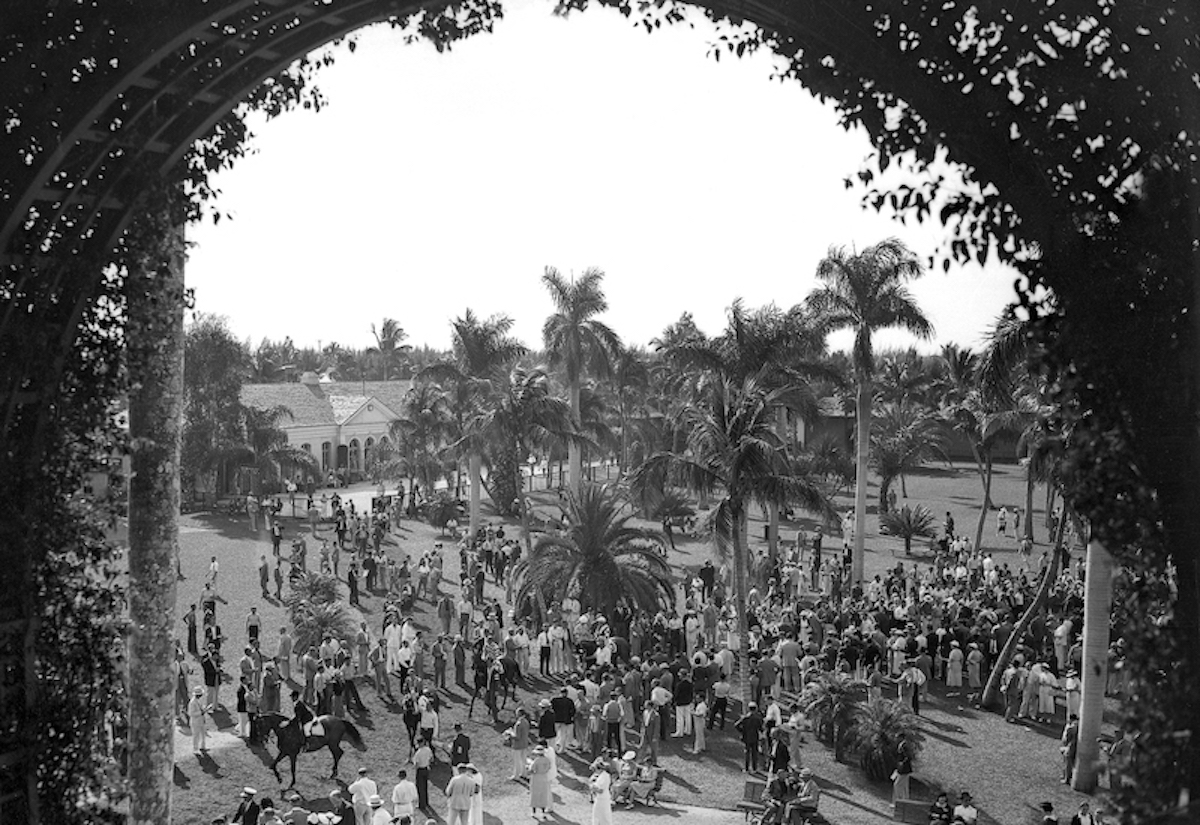 Horses moving from paddock to track as seen from grandstand arch in Hialeah’s golden era. Photo: Keeneland Library Cook Collection