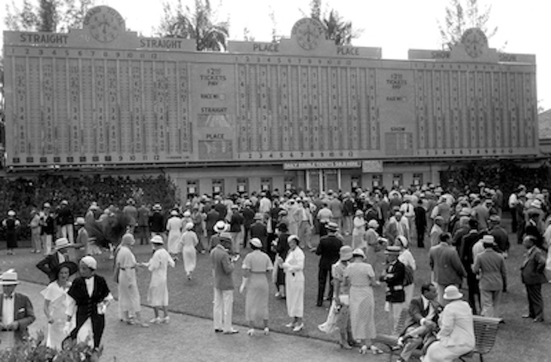 History in the making: Widener’s new $350,000 Australian totalisator, prominently displaying the changing odds and declaring the winners in electric lights, was a big attraction. Photo: Keeneland Library Cook Collection