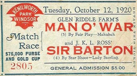 A ticket for the famous match race between Sir Barton and the fabled Man o’War at Kenilworth Park in Windsor, Ontario. Then a four-year-old, Sir Barton was beaten by seven lengths. Photo: Public domain