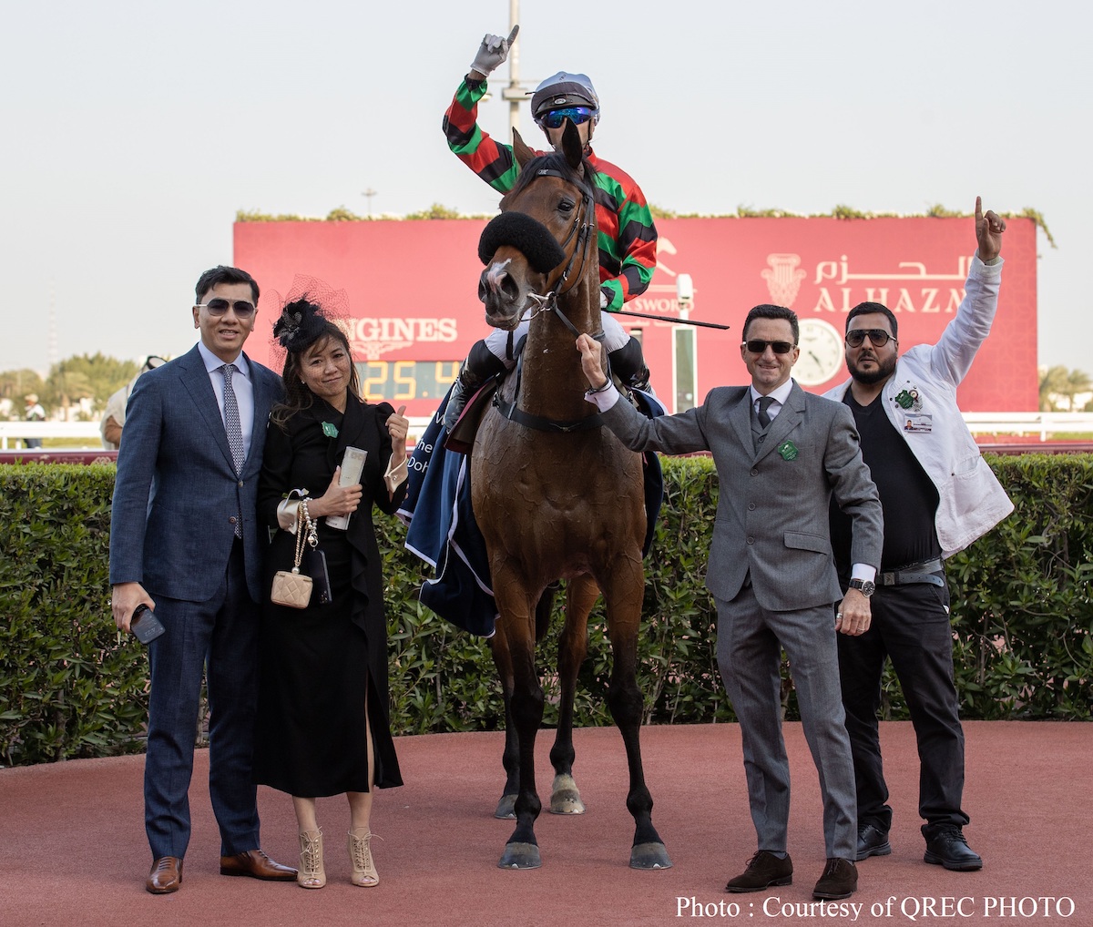 Russian Emperor’s connections including trainer Douglas Whyte (second right) celebrate in Qatar. Photo: QREC
