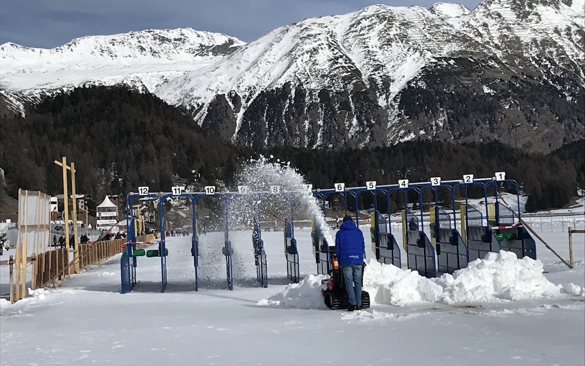 The snow must go on: artificial snow machines ensure there is no lack of the white stuff at the White Turf. Photo: Steve Dennis