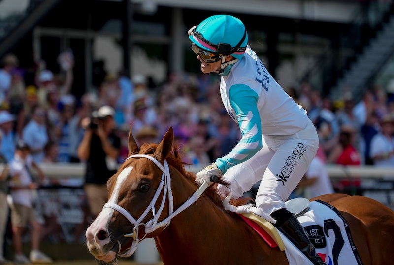 Enjoying the moment: Chantal Sutherland delights in a much-coveted G3 win on Lightening Larry at Pimlico. Photo: Scott G. Serio / Eclipse Sportswire / Maryland Jockey Club
