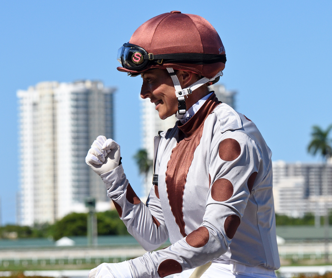 Punching the air: Chantal Sutherland in action at Gulfstream Park. Photo: Ryan Thompson