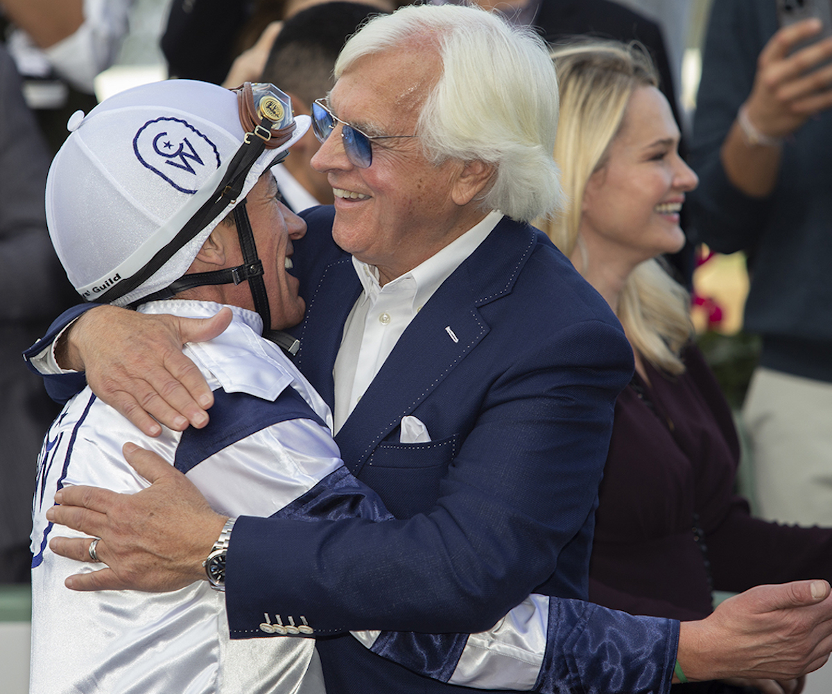 Time for a hug: Frankie Dettori congratulated by Bob Baffert after winning the G2 San Antonio on Country Grammer in December. Photo: Benoit