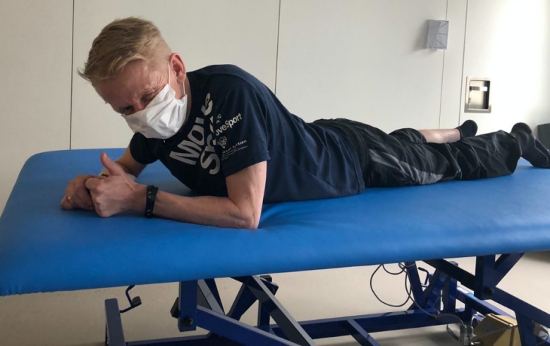 On the recovery table after spending weeks in a coma following Mannheim fall in July 2020.