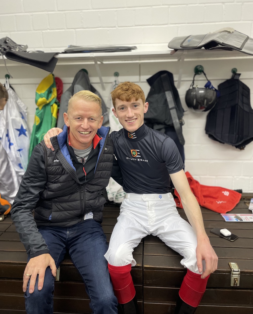 Back among friends: Filip Minarik with David Egan (right) on a return visit to the weighing room.