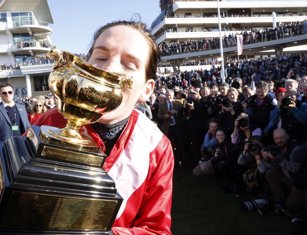 Sealed with a kiss: Rachael Blackmore was the first female jockey to win the Cheltenham Gold Cup. Photo: Dan Abraham/focusonracing.com 