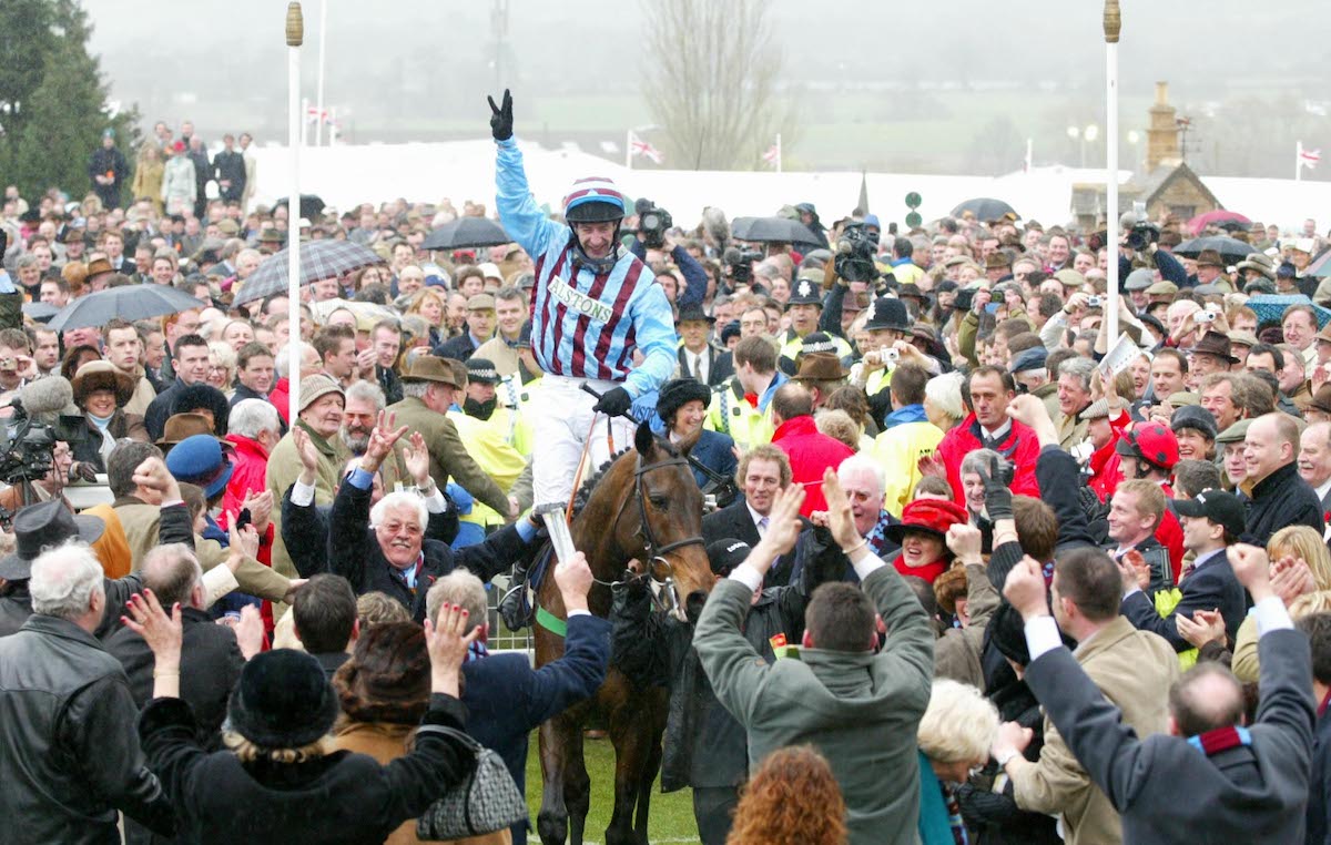 Hat-trick hero: Best Mate and jockey Jim Culloty with owner Jim Lewis after winning their third Cheltenham Gold Cup in March 2004. Photo: Dan Abraham / focusonracing.com