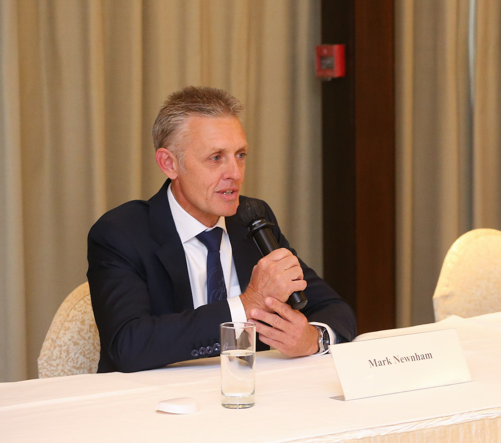 Meet the press: Mark Newnham speaks to local media in Hong Kong. Photo: HKJC