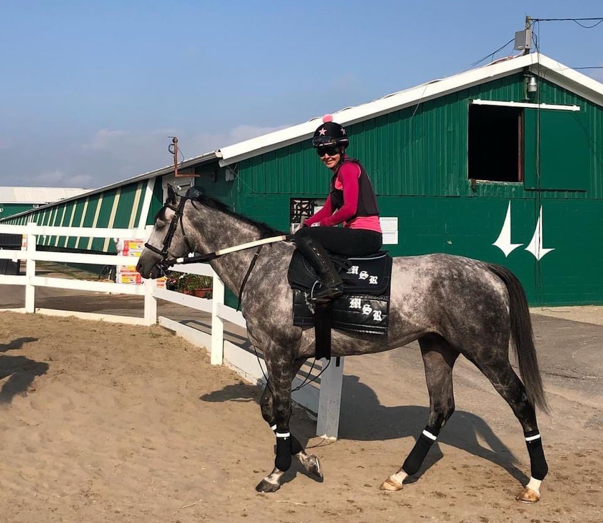 Backstretch action: Sofia Barendela at the Fair Grounds barn complex. Photo: Twitter