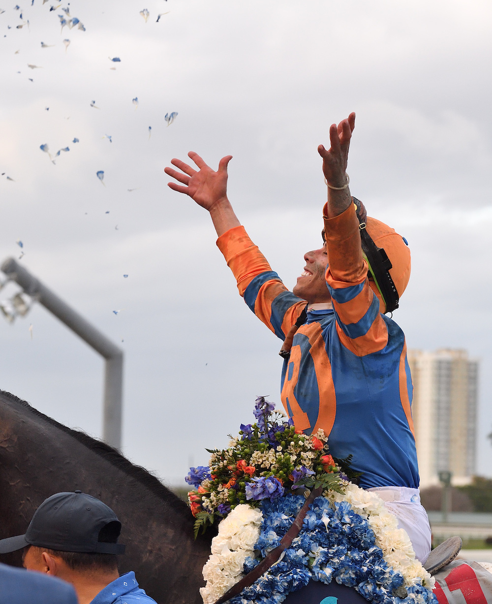 Celebration time: Irad Ortiz after the Florida Derby. Photo: Lauren King / Gulfstream Park