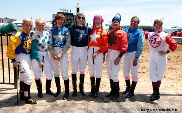 Patti Cooksey (second left) at Pimlico with fellow riders in the 2013 Lady Legends for the Cure race, which she won. Photo: Jerry Dzierwinski/MJC