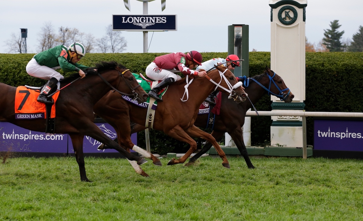 Narrow defeat: O’Connell saddled three-year-old filly Lady Shipman (maroon silks) to finish runner-up to Mongolian Saturday in the Breeders’ Cup Turf Sprint at Keeneland in 2015. Photo: Breeders’ Cup/Bill Luster