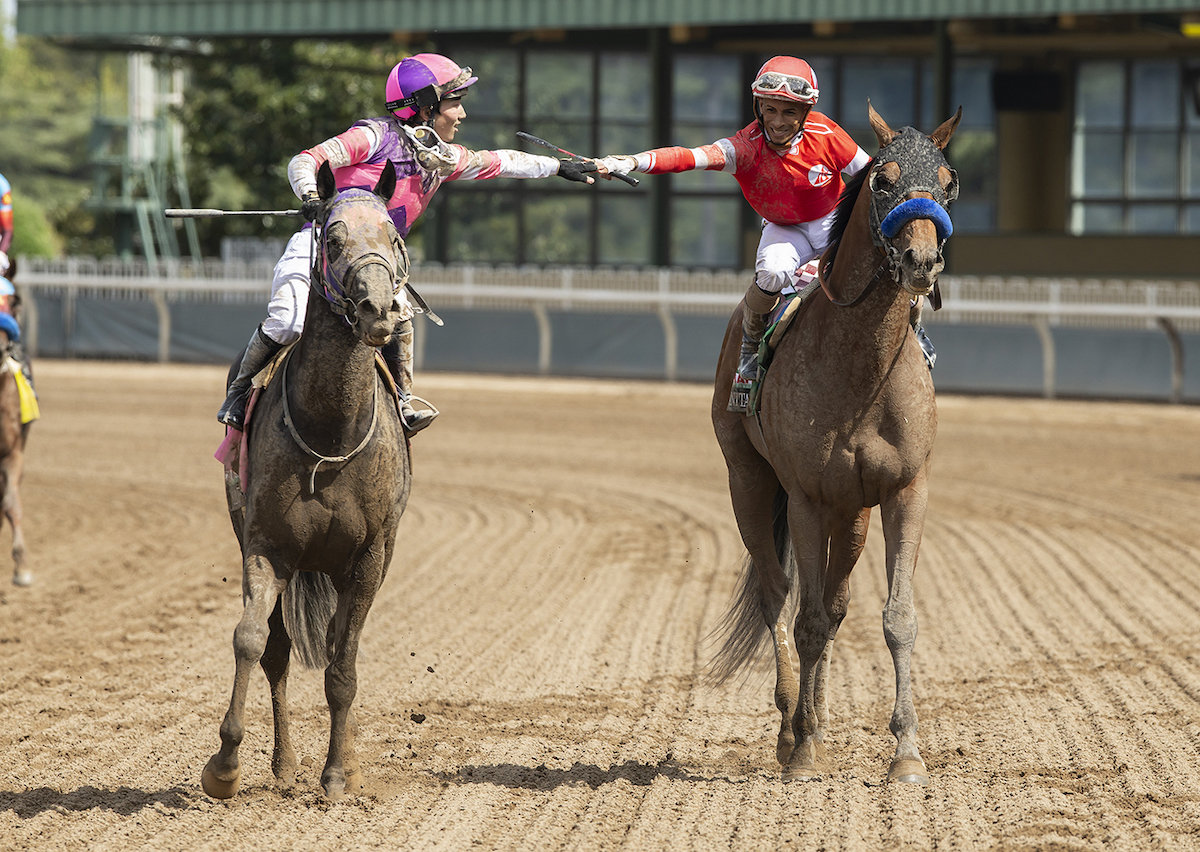 Mandarin Hero’s jockey Kazushi Kimura (left) and Ramon Vazquez (right, on Practical Move) after a thrilling Santa Anita Derby. Photo: Benoit