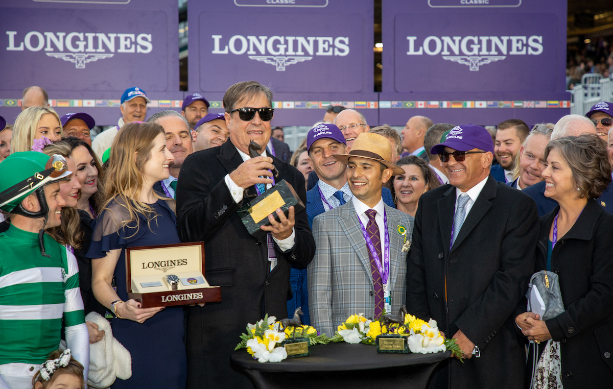 At the centre of things: trainer John Sadler (third left) after Flightline’s victory at the Breeders’ Cup. Photo: Bill Denver/Eclipse Sportswire/Breeders Cup