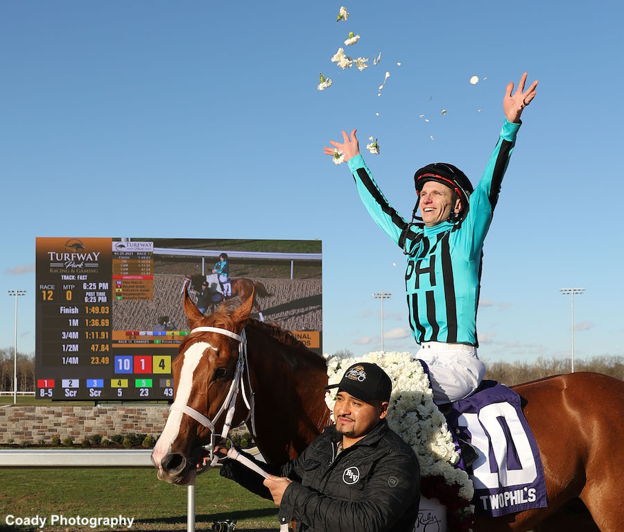 Jareth Loveberry celebrates the fourth graded-stakes success of his career on Two Phil’s. Photo: Coady / Turfway Park
