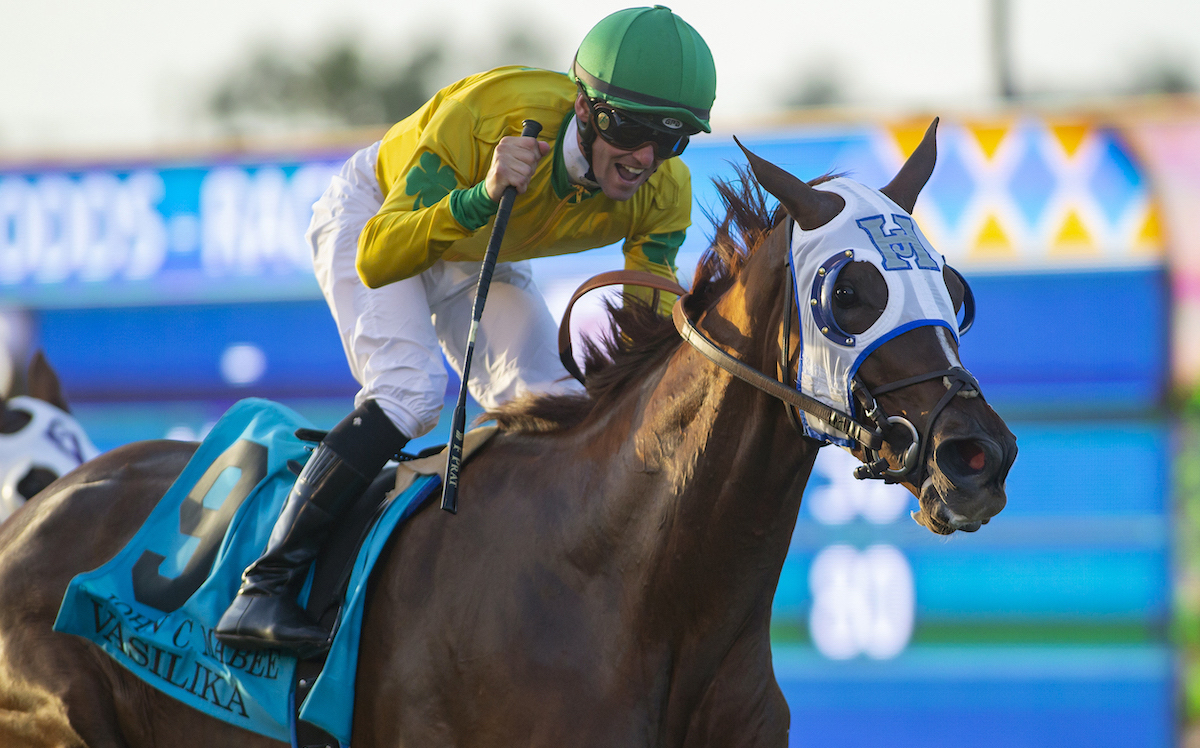 After five straight wins in lesser company, Vasilika steps up to take the 2018 John C. Mabee Stakes at Del Mar to the delight of Flavien Prat. Photo: Benoit