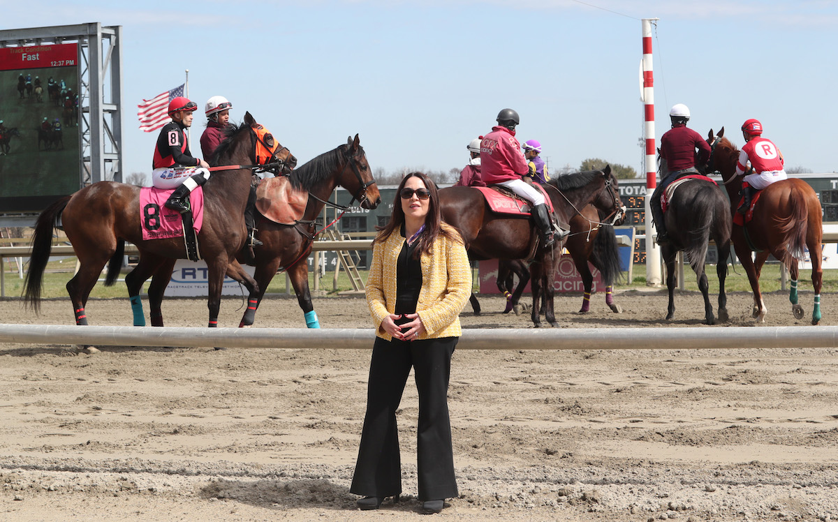 False start: CEO Lisa Lazarus visits Parx Racing on March 27 – the date of the abortive launch of the HISA anti-doping and medication control (ADMC) program. Photo: Nikki Sherman/Equi-Photo