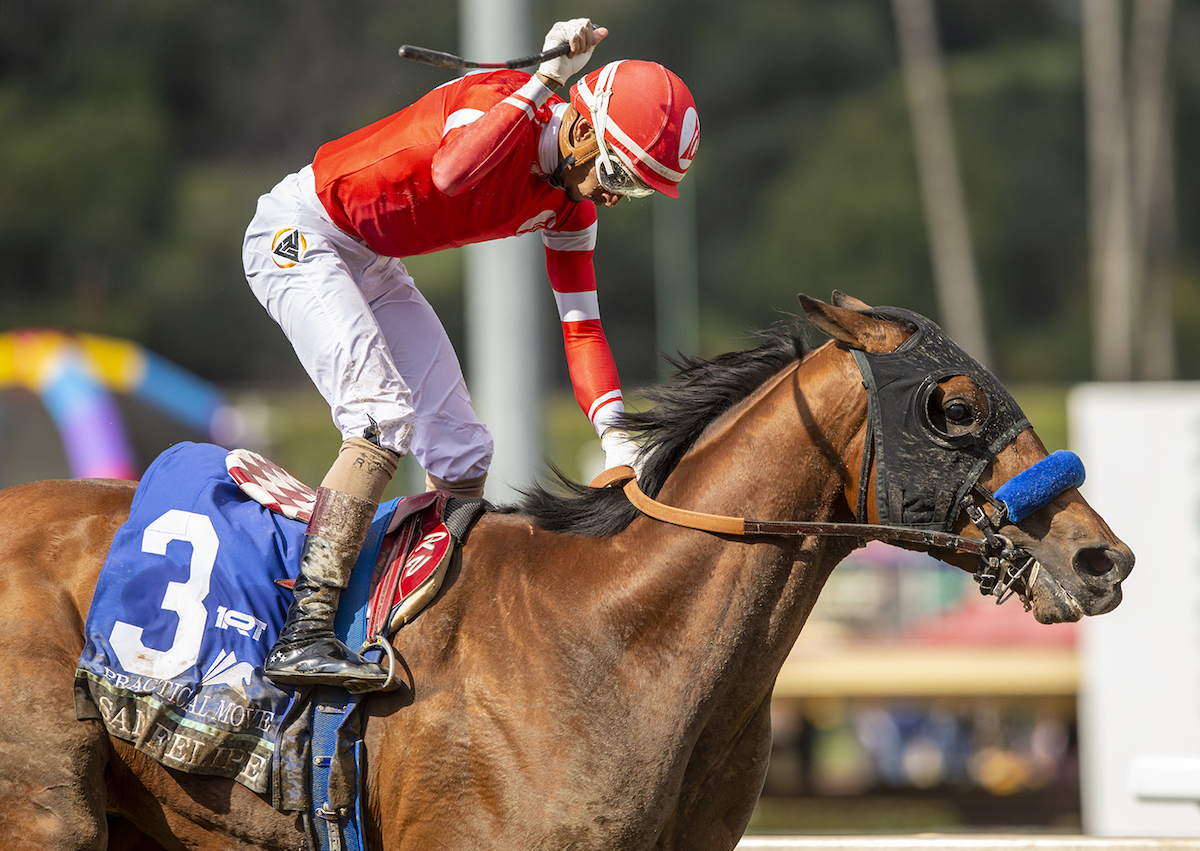 Ramon Vazquez flourishes his whip as Practical Move wins the G2 San Felipe at Santa Anita. Photo: Benoit