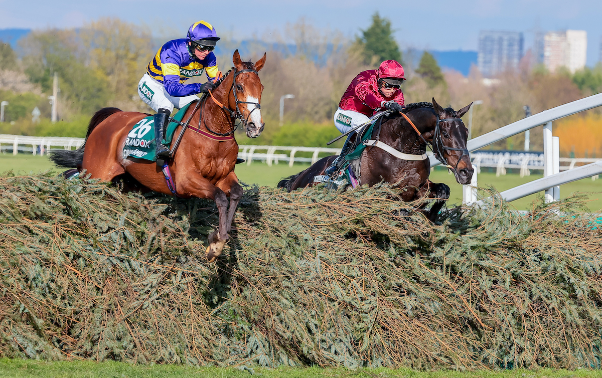 Over the last: Corach Rambler (Derek Fox, left) heads Mister Coffey in the Grand National. Photo: Mark Cranham / focusonracing.com