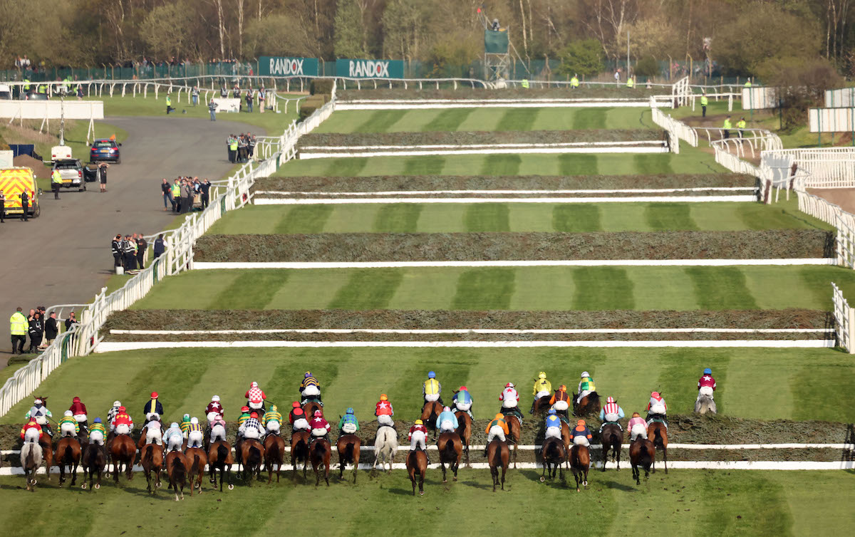 Jumping the first: eventual winner Corach Rambler (Derek Fox, purple and yellow) to the fore at the first of 30 obstacles at Aintree. Photo: Dan Abraham / focusonracing.com