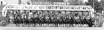With Secretariat berthed in the tenth box (1A on the racecard), a field of 13 leaves the gate for the 1973 Kentucky Derby. Photo: secretariat.com