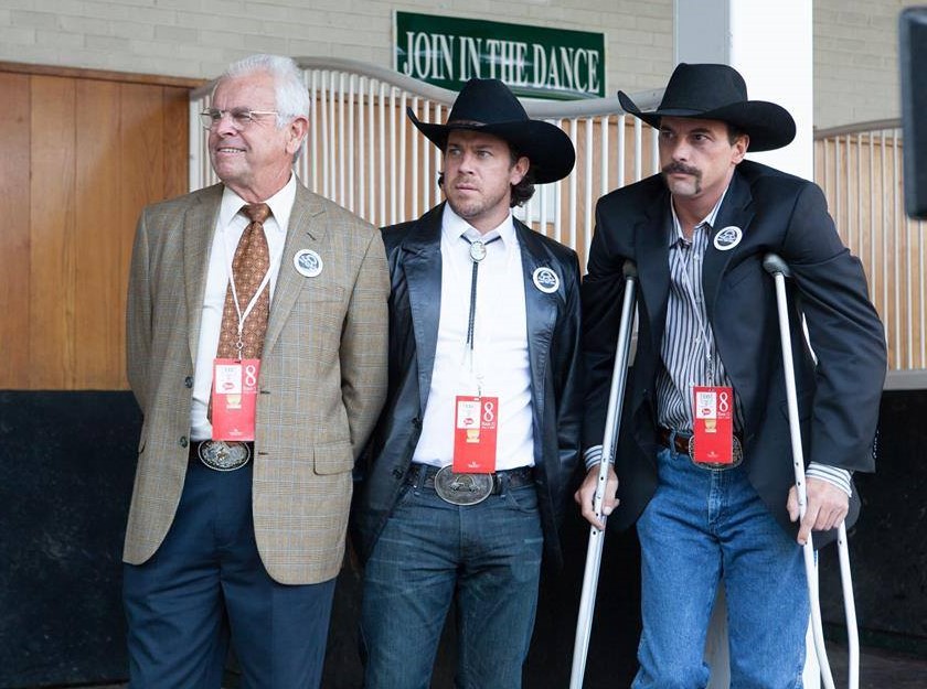 William Devane, Christian Kane and Skeet Ulrich (l to r) await the movie version of Mine That Bird in the Churchill Downs saddling paddock. (Ben Glass photo)