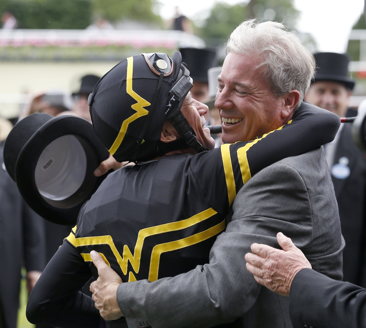 Frankie Dettori hugs Wesley Ward after scoring on Undrafted at Royal Ascot in 2015. Photo: Dan Abrahamfocusonracing.com /  