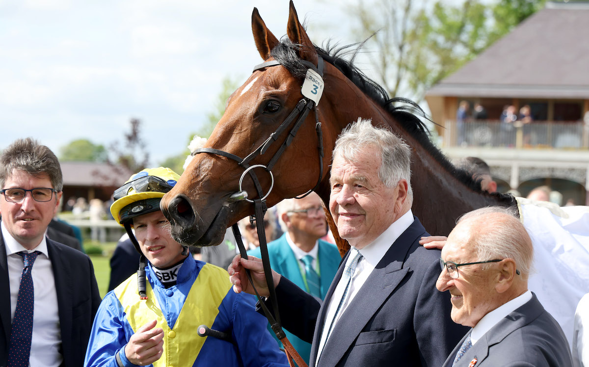 Next stop Epsom: Desert Crown with Sir Michael Stoute after winning last year’s Dante Stakes. Photo: Dan Abraham / focusonracing.com