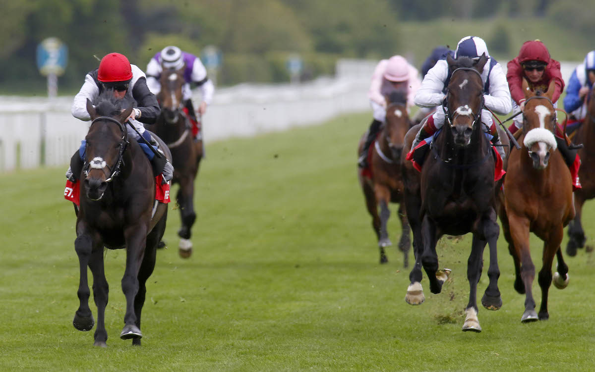 Subsequent Derby winner Golden Horn (William Buick, red cap) lands the Dante Stakes at York in 2015. Photo: Dan Abraham / focusonracing.com