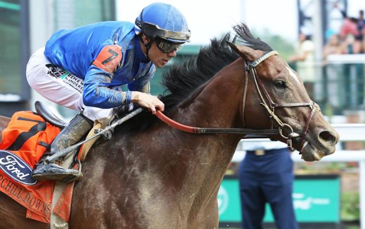 Five-timer: Cody’s Wish (Junior Alvarado) takes his winning streak to five on Kentucky Derby day. Photo: Coady