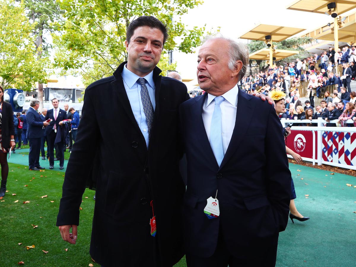 Like father, like son: Christopher Head with father Freddy Head after Blue Rose Cen provided his first G1 success last year in the Prix Marcel Boussac. Photo: Dyga / focusonracing.com
