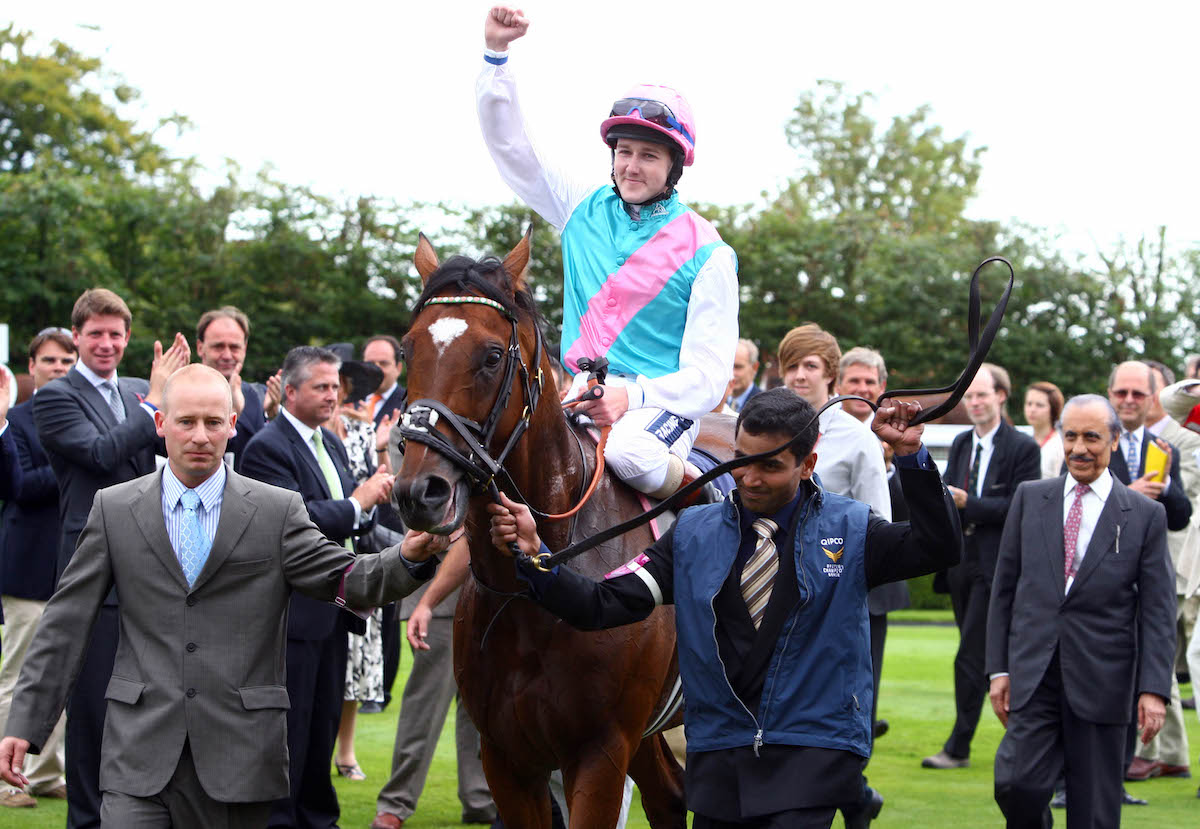 Spectacular racing career: Frankel, unbeaten in 14 starts, pictured here with jockey Tom Queally after winning the Sussex Stakes at Goodwood in 2011. Photo: Dan Abraham / focusonracing.com