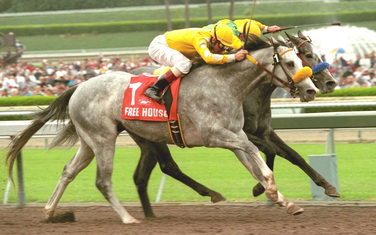 In one of their high-stakes battles, Free House was narrowly best over Silver Charm in the 1997 Santa Anita Derby. (Benoit photo)