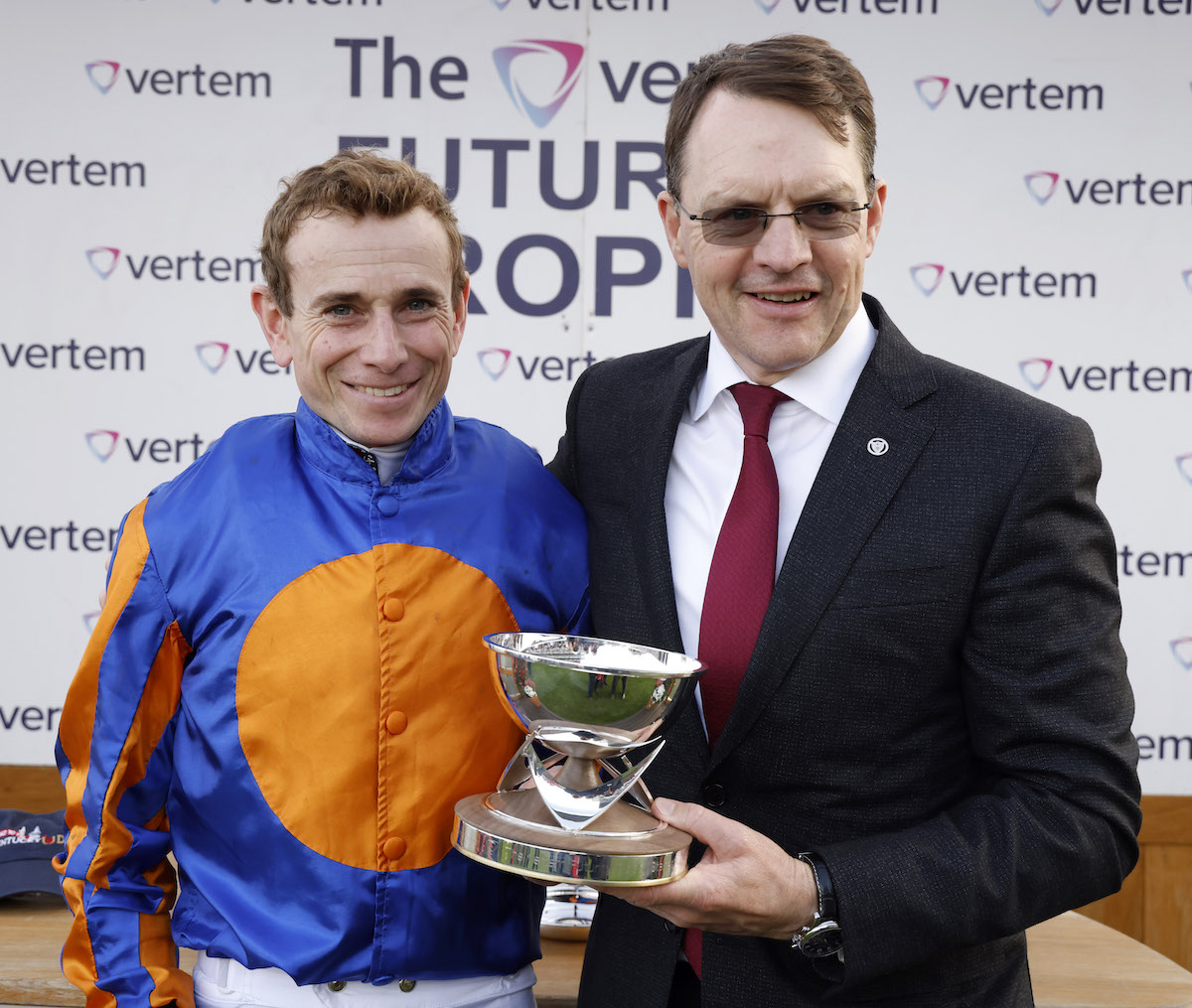 Derby team: Ryan Moore and Aidan O’Brien accept the trophy after Auguste Rodin’s Vertem Futurity win, Photo: Dan Abraham/focusonracing.com