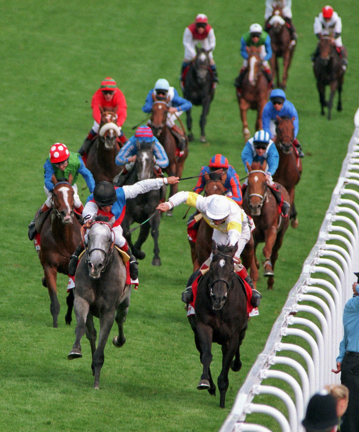 Willie Ryan drives home Benny The Dip (right) to edge out Pat Eddery-ridden Silver Patriarch in the 1997 Derby. Photo: Mark Cranham / focusonracing.com