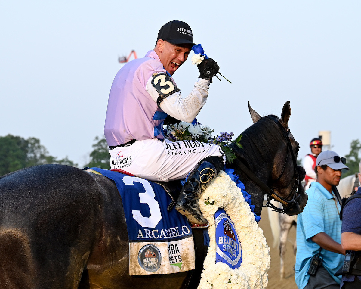 All smiles: Javier Castellano and Arcangelo after winning the Belmont. Photo: NYRA / Susie Raisher