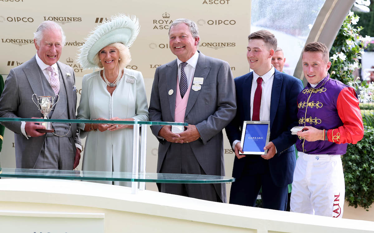 Royal first: King Charles III and Queen Camilla enjoy trophy presentation after Royal Ascot victory. Photo: Dan Abraham / focusonracing.com