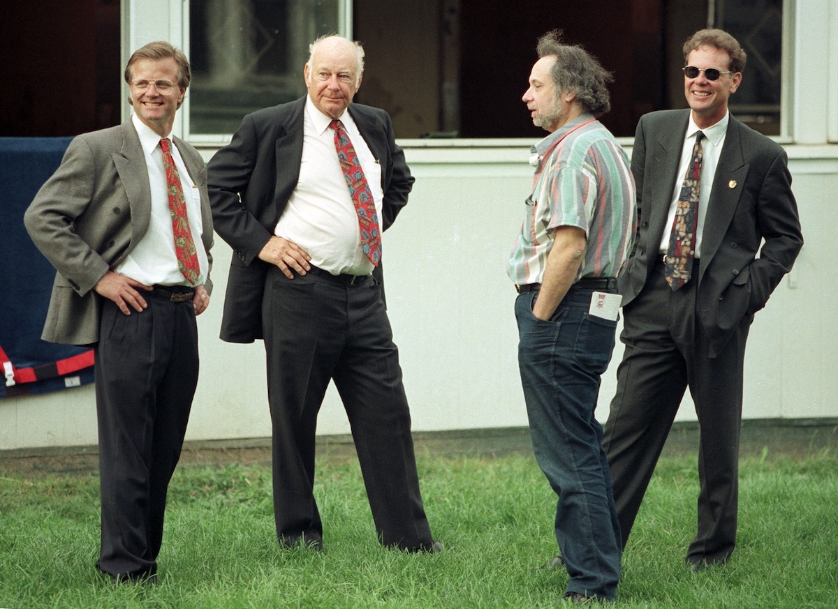 All smiles after Cigar's 1996 Woodward win, with (l to r) Bill Mott, Allen Paulson, turf writer Steve Haskin, and the author. (Barbara Livingston photo)