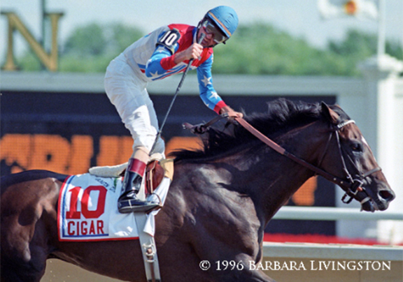 Jerry Bailey celebrates Cigar's historic win in the Citation Challenge at Arlington Park. (Barbara Livingston photo)