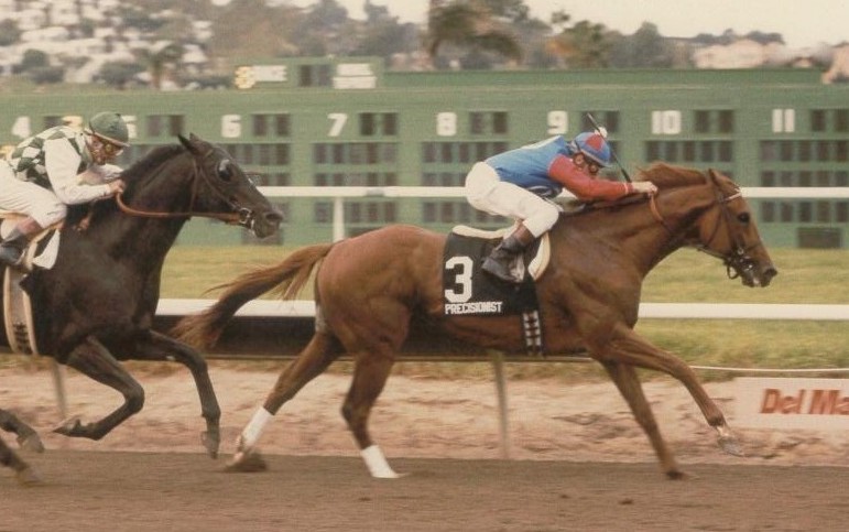 The seven-year-old Precisionist proves age is only a number, beating Lively One in the 1988 Budweiser/Breeders' Cup MIle at Del Mar. (Del Mar photo)