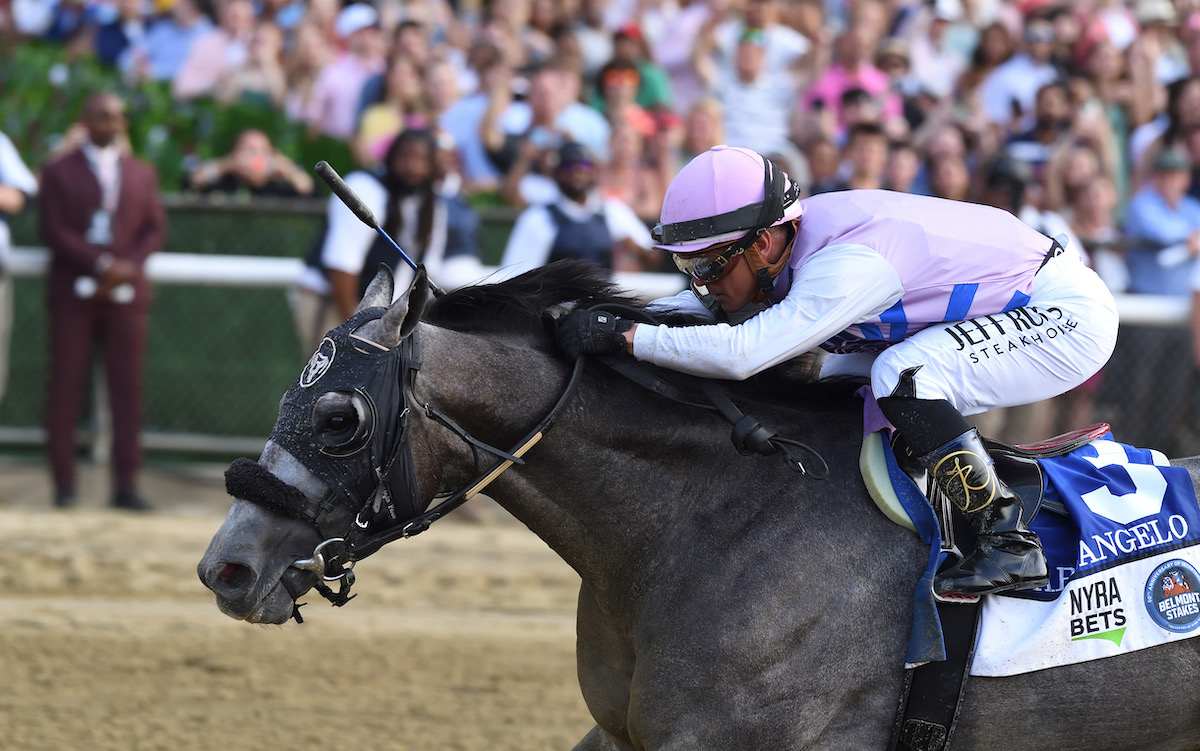 Making history: Javier Castellano and Arcangelo on their way to Belmont Stakes victory for trainer Jena Antonucci. Photo: Annise Montplaisir (Coglianese/NYRA)