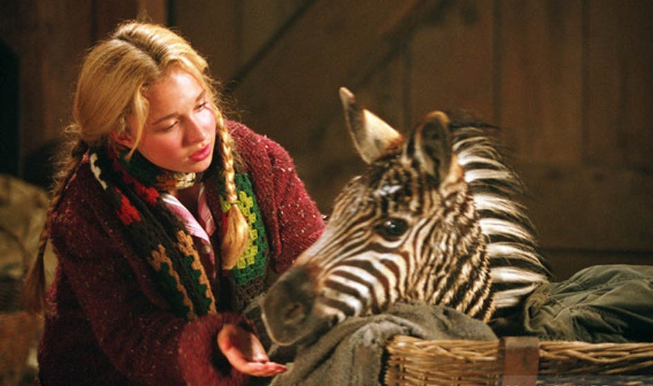 Hayden Panetierre tends to a baby zebra abandoned on a stormy night (Warner Bros. photo)